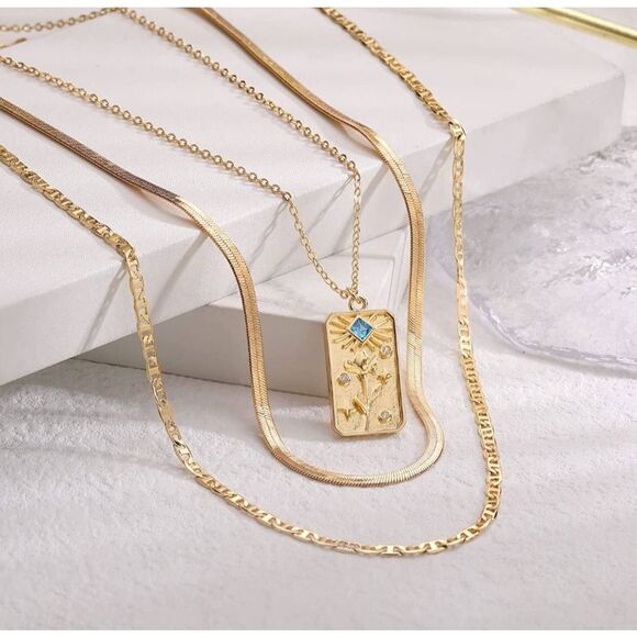 March Birth Month 3-Layered Flower Necklaces 14K Gold Plated Jewelry - Picture 3 of 5